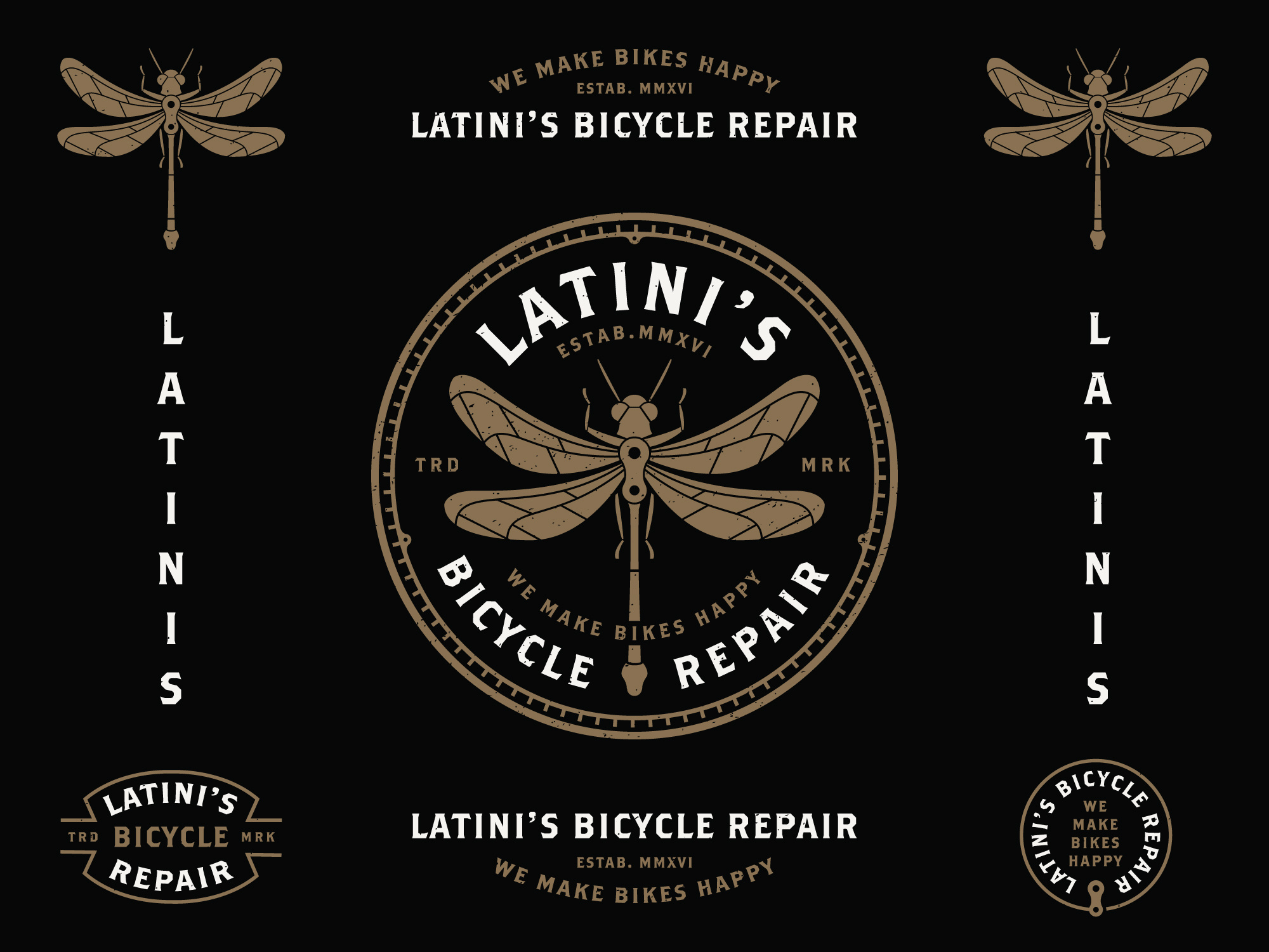 Latini's Bicycle Repair badge branding case study classic collection designer dragonfly graphic design hipster illustration industrial logo logo collection logorama modern retro steampunk typography variations vintage