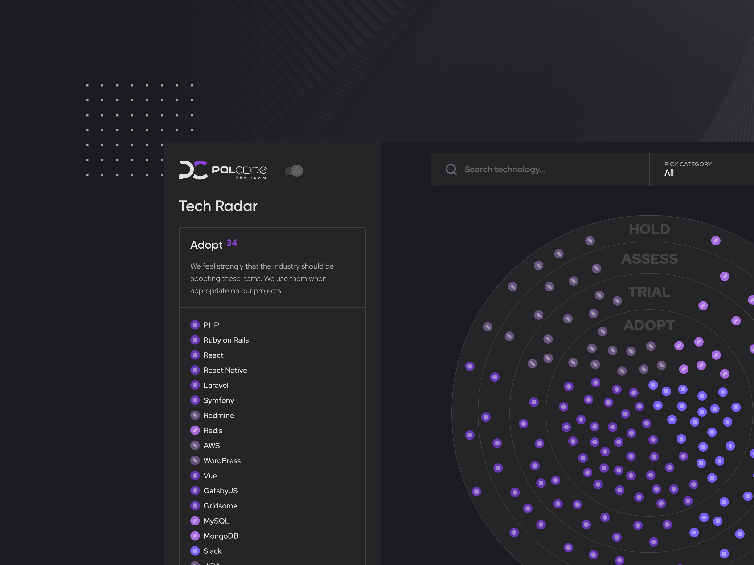 Example of Tech Radar of Polcode's Dev Team