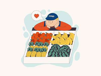 Illustration and animation for COOP supermarkets 2d animation branding cute design fruits illustration motion simple supermarket worker