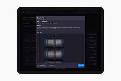 Details view for a Global Traceability Platform dark mode dashboard ipad ui