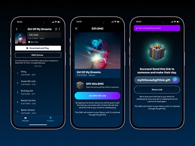 Vault Music - Gift DMC album android design gift gifting graphic design ios link music present product design simple single ui ui design user flow user interface ux ux design vault