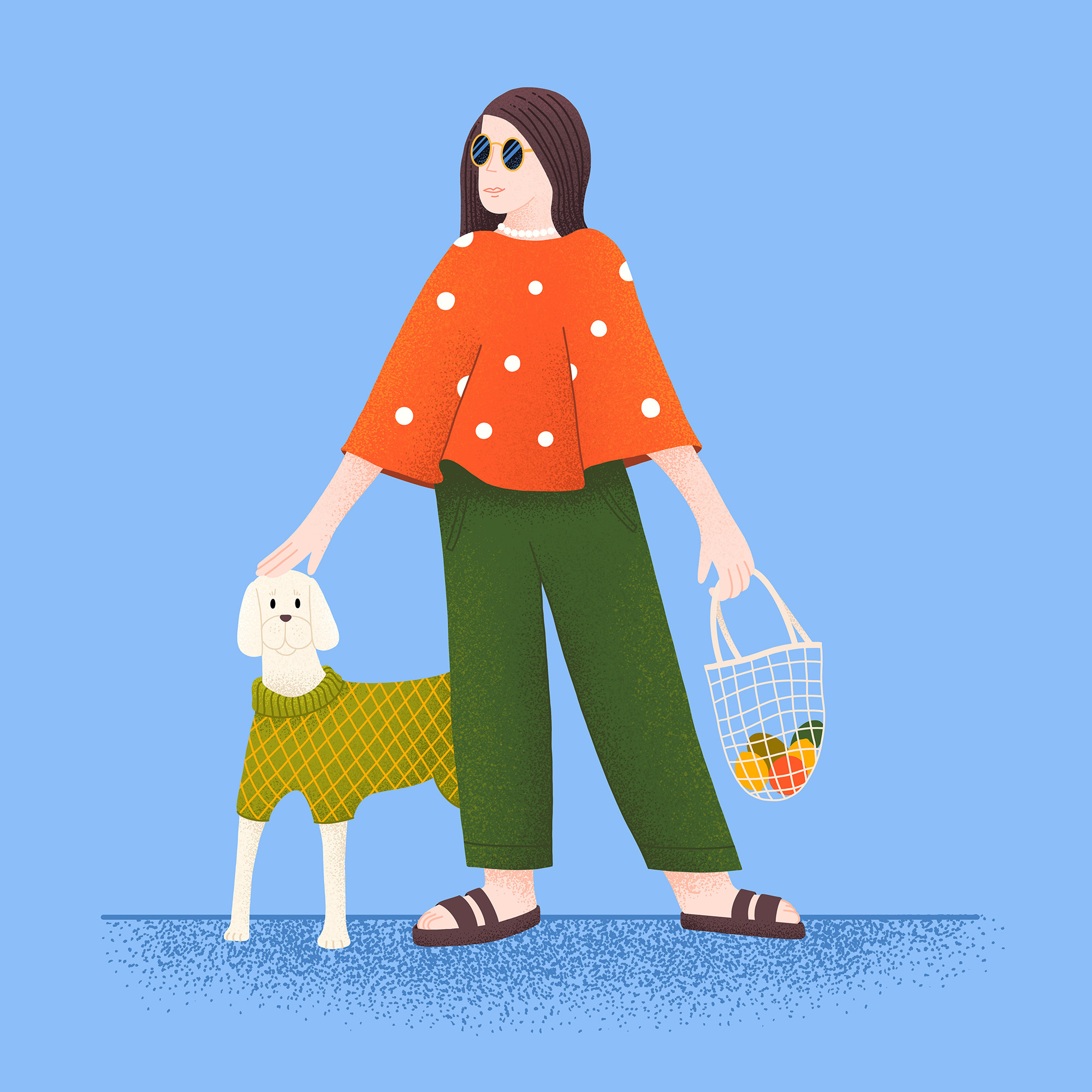 Sunday walkies dog dog walk fashion human illustration illustration art people poncho procreate