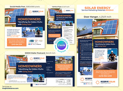 Solar Marketing Materials Template Bundle solar bundle canva template solar direct mail eddm solar door hanger solar eddm mailer canva template solar eddm postcard solar flyer canva template solar instagram post solar marketing material bundle solar service template bundle solar system