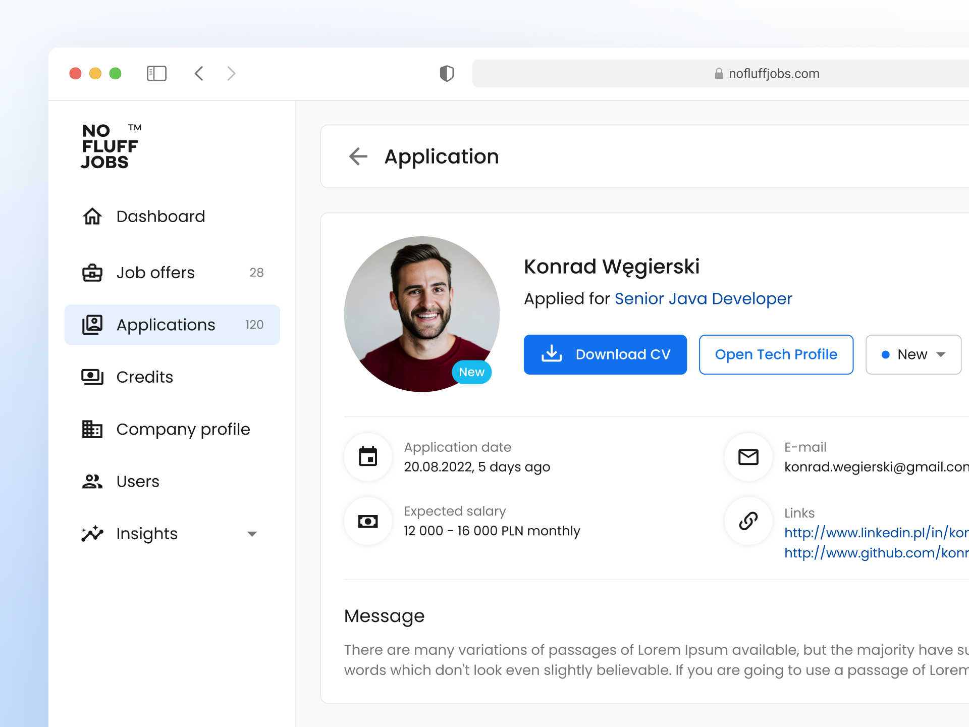 Application's Details Page application blue candidate cta cv dropdown header icons menu messages panel sidebar status ui ux