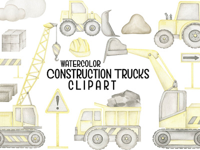 Watercolor Construction Trucks backhoe loader boy clipart cement truck concrete truck construction clipart construction machines construction mechanisms construction transport construction vehicles construction watercolor crane truck crawler excavator