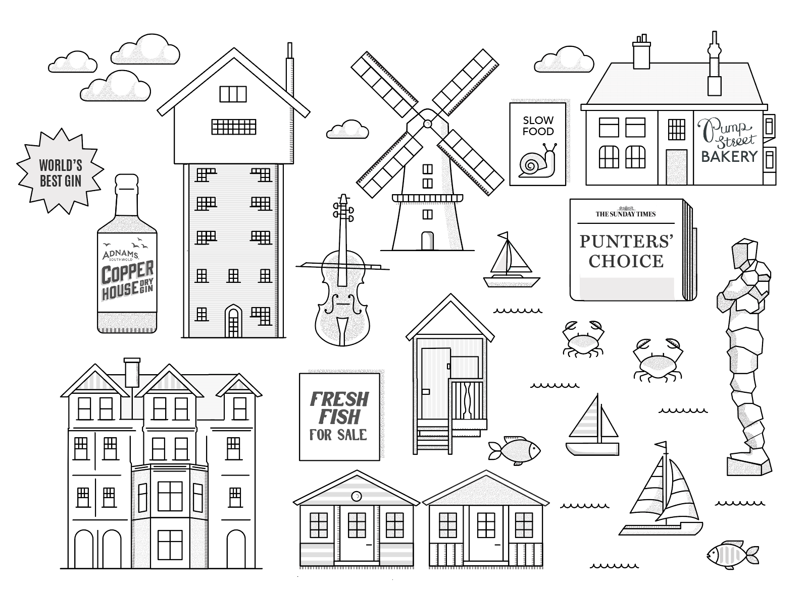 Illustration Norfolk & Suffolk black and white graphic design illustration line drawing norfolk sea suffolk uk vector visual