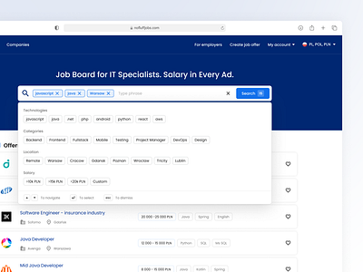 Job Offers Search blue cta filters menu modal search suggestions tags top ui ux