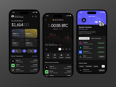 Crypto Wallet Dashboard, Token Details, Profile Page banking bitcoin connected dapps crypto crypto currency crypto dark theme crypto dashboard crypto wallet dapps dark theme ethereum exchange finance nft profile page send crypto solana token details trading ui