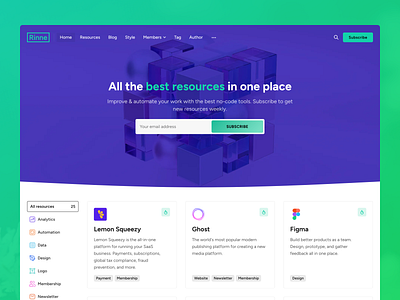 Rinne — Resources Ghost Theme blog colors design directory filter flat ghost grid layout minimal resources ui