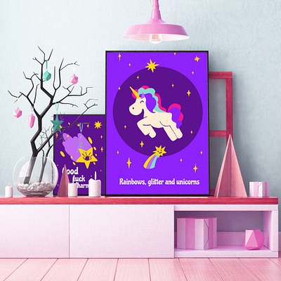 Unicorn posters artwork bright design digital illustration poster unicorn vector