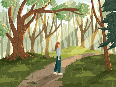 Forest Exploring 🌳 background design design forest illustration path sunrise sunset trees woman