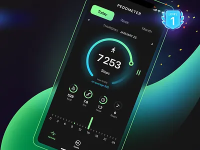 Pedometer App achievement activity app congratulation counter figma fitness health ios level mobile pedometer product design promo reward screen step ui