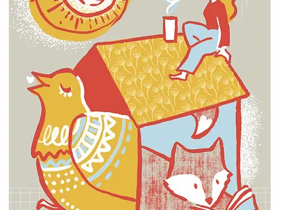 Home, sweet home design editorial illustration limited color line art reading sun