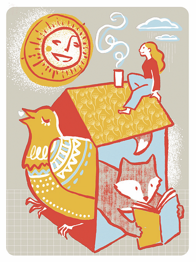 Home, sweet home design editorial illustration limited color line art reading sun