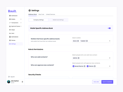 Crypto Institutional Asset Management Settings Screen | Web 3 crypto saas saasproduct setting settingspage