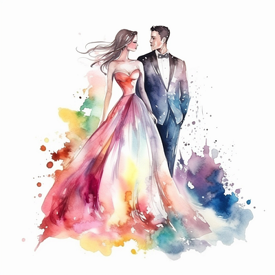 A watercolor painting of a bride and groom standing side by side young