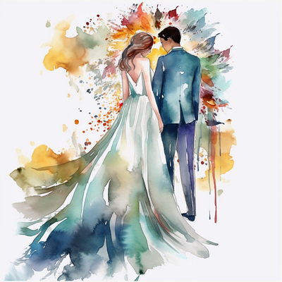 A watercolor painting of a bride and groom standing side by side young