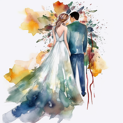 A watercolor bride and groom standing side by side young