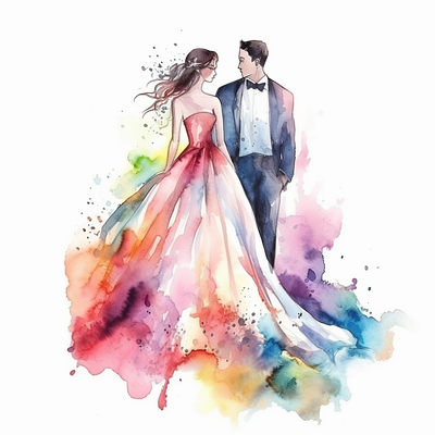 A watercolor bride and groom standing side by side young