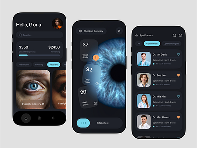 Eye check-up + exercises app app concept dark theme eye checkup medical medtech mobile ui