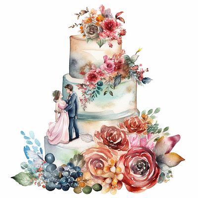 A wedding cake with a bride and groom floral elements party