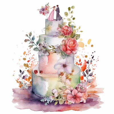 A wedding cake with a bride and groom floral elements party