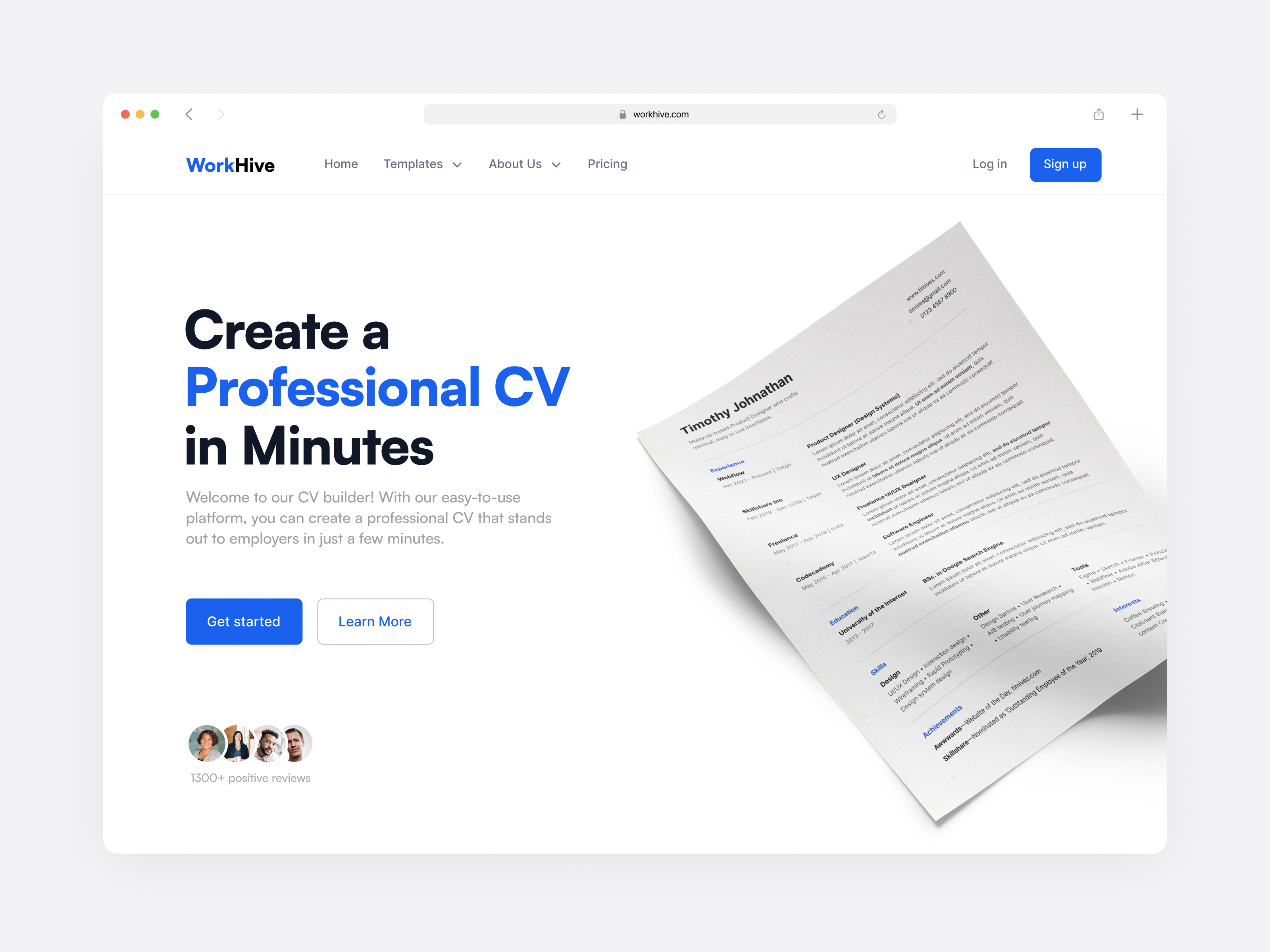 WorkHive → CV Builder Landing Page cv cvbuilder cvbuilderwebsite header herosection landingpage productdesign resume resumebuilder uidesign uiux website websitedesign