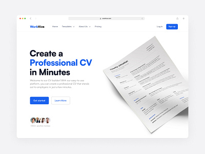 WorkHive → CV Builder Landing Page cv cvbuilder cvbuilderwebsite header herosection landingpage productdesign resume resumebuilder uidesign uiux website websitedesign