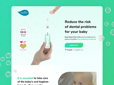 Electric toothbrush for babies x Landing page baby checkout dental design graphic design green invite kids landing page light lp minimalistic testimonials toothbrush ui user experience user interface ux web website