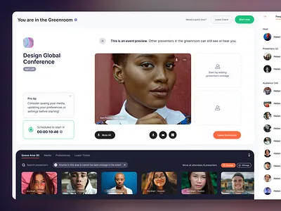 Greenroom UI for Video Conference App chat box clean design meeting ui user interface video call video chat video conference virtual waiting room webdesign
