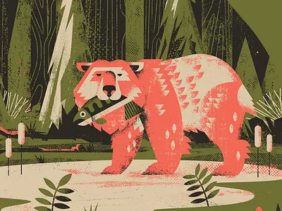 Bear gig poster illustration nature salmon texture trees trout woods