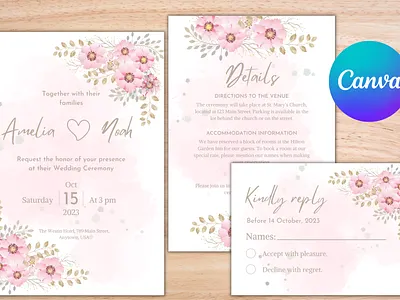 Printable Floral Wedding Invitation Template Set canva canva template design floral floral invitation floral wedding graphic design invitation template printable invitation wedding invitation