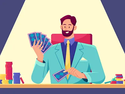 Poker Player all in character chips dealer editorial flat full house gambling game illustration loser luck man poker strategy vector winning