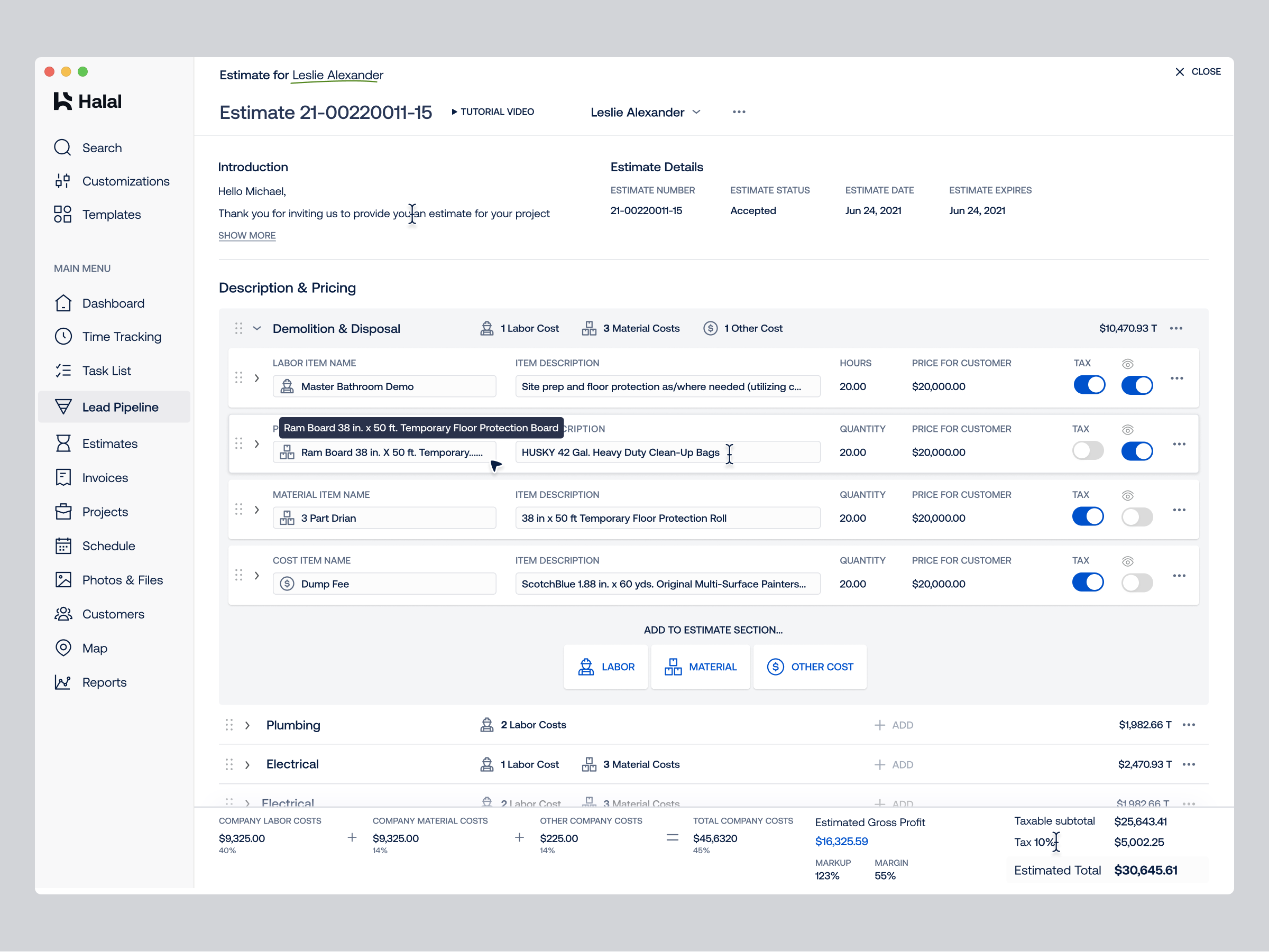 Lead Pipeline > To Be Estimated accordion add cost breakdown clean construction details edit estimate expand invoice items labor cost lead management pipeline saas ui ux web app
