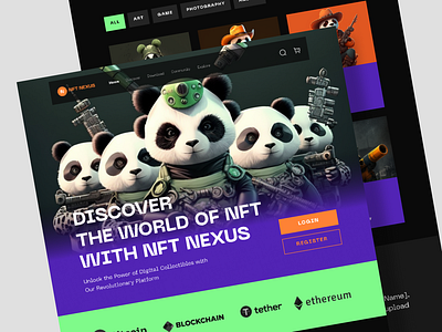 NFT Nexus - Digital Rare NFT Landing Page character darkmode marketplace mobile nft panda product design ui uidesign uiux