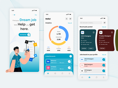 Job search mobile app 2d illustration animation branding button style buttons card design carousel chart homepage icons indication jobs erach menu motion graphics nav bar onboarding recruitment ui uidesign