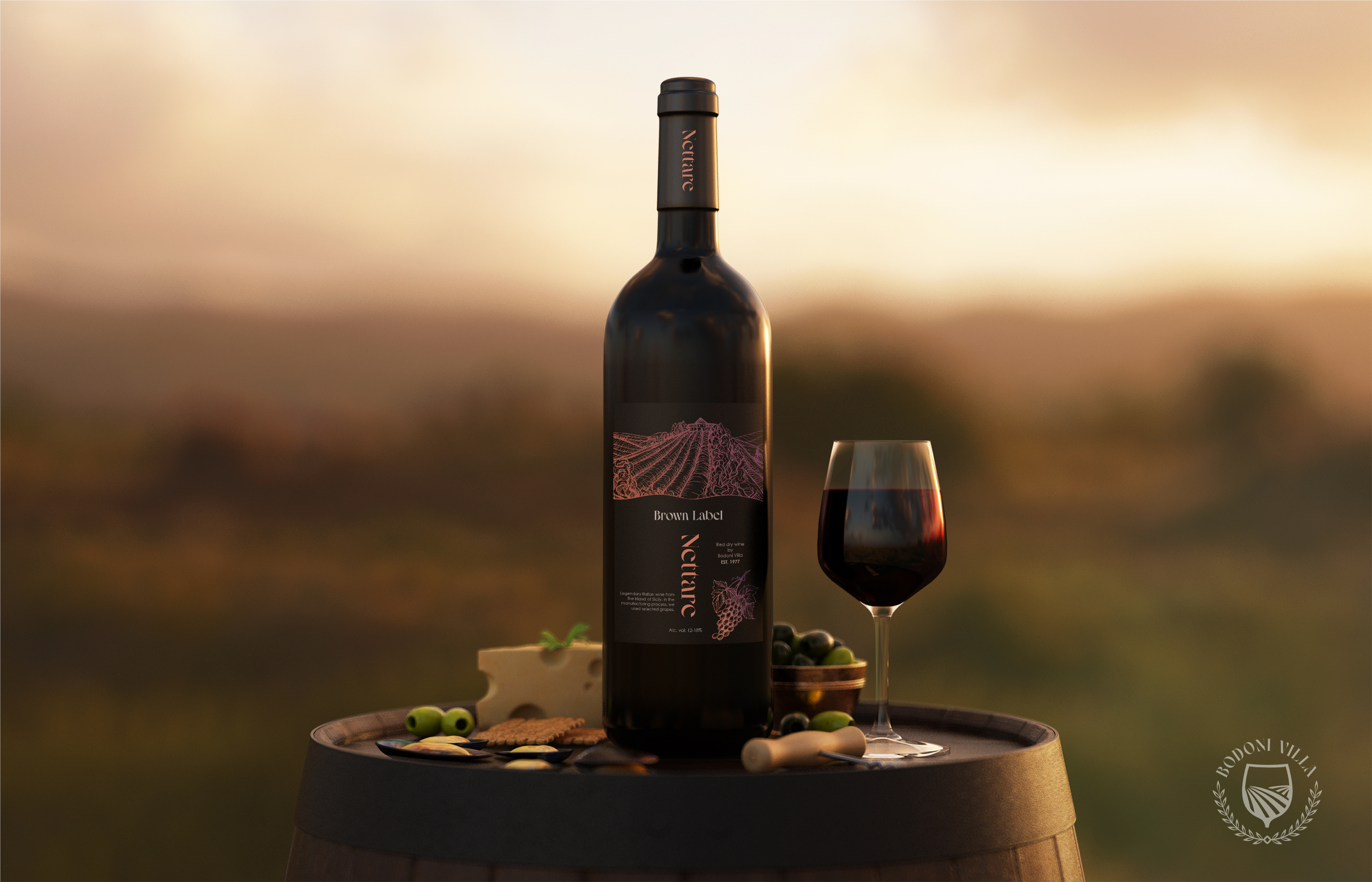 Bodoni Villa / Vineyard background bottle branding design gradient illustration italy label logo luxury mockup nature package paper bag wallpaper wine