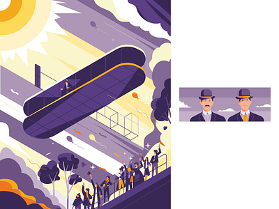 The Wright Brothers adobe aerodynamics brothers clouds crowd dream flat design flight illustration illustrator innovation muti orange plane purple science sun vector wrightbrothers yellow