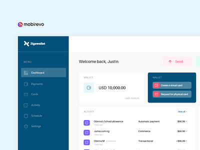 ZigaWallet - Fintech Cross Boarder Payment Dashboard design adobe xd card clean dark blue dark purple dashboard design fintech payments receive money send money ui uiux ux wallet web app