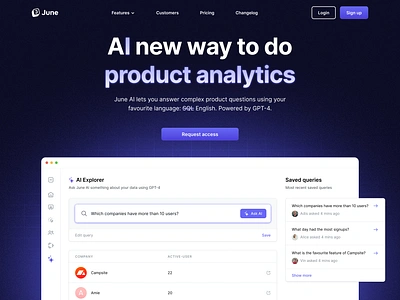 June AI ✨ ai analytics branding chat code dark design gpt gradient hunt june landing mode page product search sql ui ux video