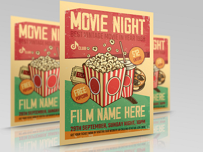 Vintage Movie Night Event Flyer Template business cinema club design events family film flyer illustration leaflet popcorn poster tickets