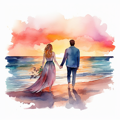 A romantic beach wedding watercolor young