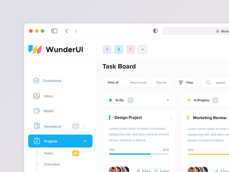 Task Board blocks cards project management schedule task board ui components ui dashboard ui design