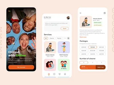 Chillax app book chillax chillout with chillax cleaner companionship friend home lover maid problem prompt rantal rent service staff task teacher ui