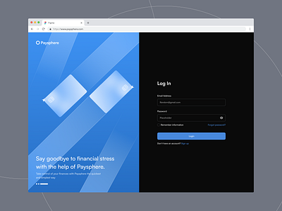 Paysphere - Log in (dark) banking clean credit card dark dark ui fintech fintech app forms landing landing page log in login modern money register sign in sign up transactions web design web finance