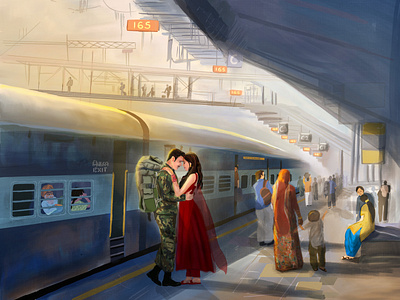 The emotional goodbye. animation beautiful character designs digital paintings emotional goodbye illustration graphic design illuminz illustration illustrations motion graphics paintings railway station romantic train station