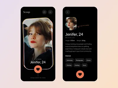 Mobile Design for Dating App app design black theme cards design clean design dashboard dating app dating app design dating home detail page home love match match making app minimal profile detail relationship social