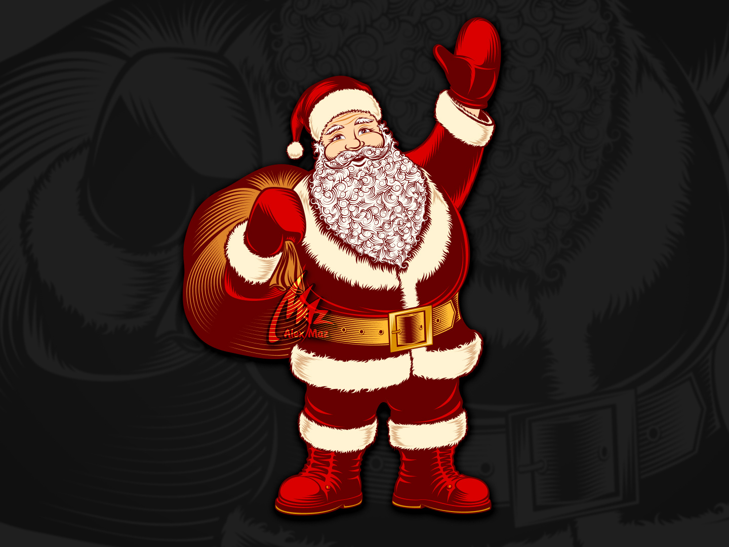 Retro Santa Claus black and white cartoon character christmas drawing engraving hatching illustration line art old school retro santa claus vector