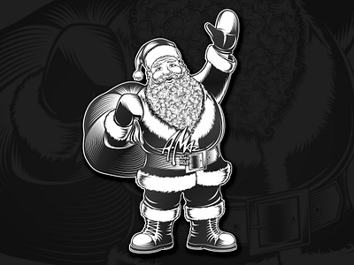 Retro Santa Claus black and white cartoon character christmas drawing engraving hatching illustration line art old school retro santa claus vector
