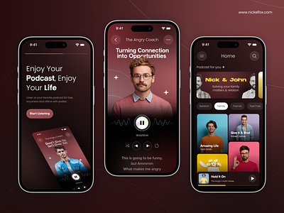 Podcast App app application coach coaching dark dark mode education gradients learning listen lyrics mobile module music music player pause play player podcast ui